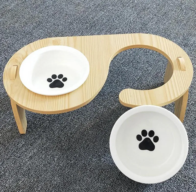 15°Cervical Spine Wooden Bowl Holder Double Bowl for Pet Feeding and Drinking