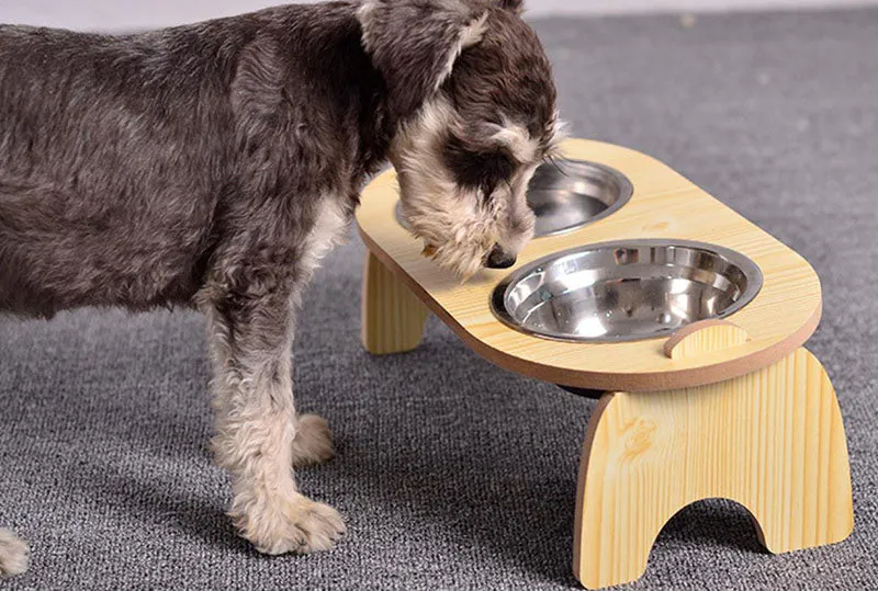 15°Cervical Spine Wooden Bowl Holder Double Bowl for Pet Feeding and Drinking