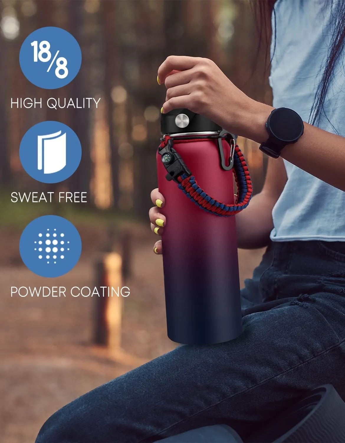 32/40/64 oz Insulated Water Bottle with Straw - Flex Cap Lids, Paracord Handle, Bottle Carrier Bag w/Strap, Vacuum Stainless Steel 40oz Water Bottles, Double Wall Flask Metal Water Flask Jug