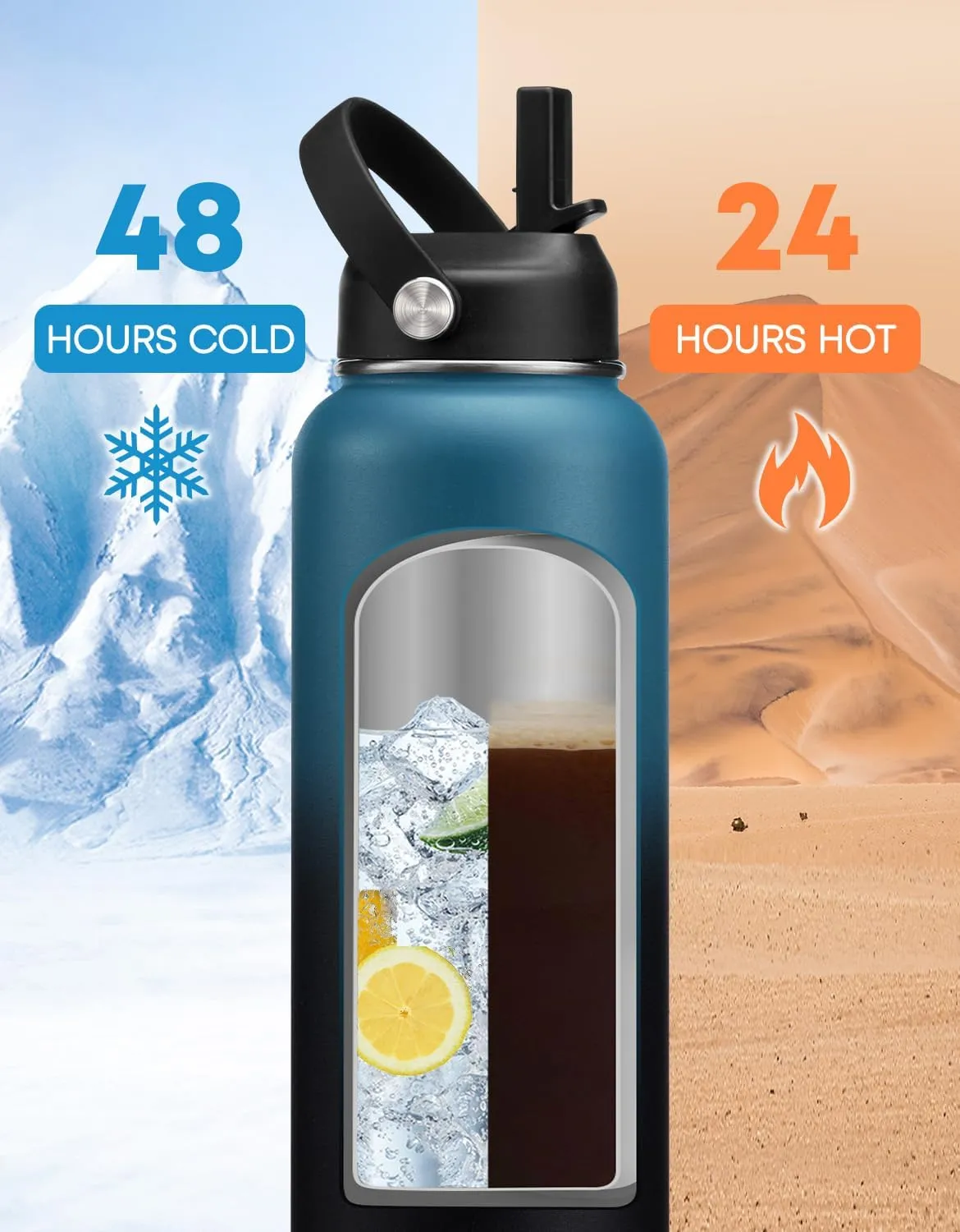 32/40/64 oz Insulated Water Bottle with Straw - Flex Cap Lids, Paracord Handle, Bottle Carrier Bag w/Strap, Vacuum Stainless Steel 40oz Water Bottles, Double Wall Flask Metal Water Flask Jug