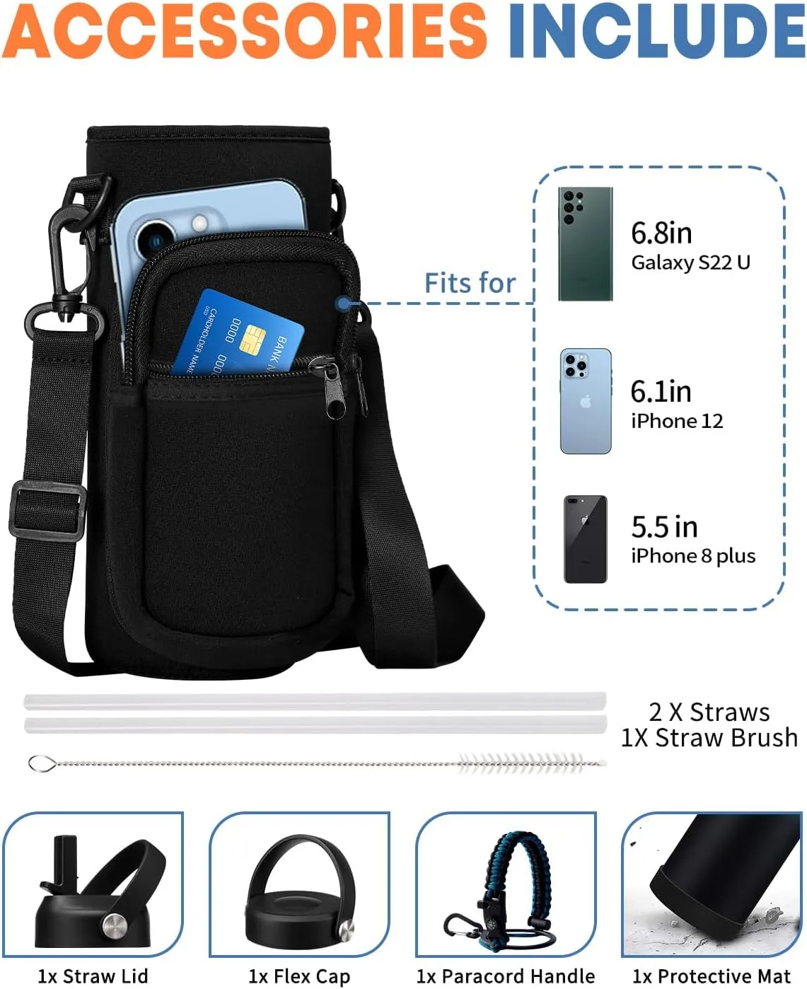32/40/64 oz Insulated Water Bottle with Straw - Flex Cap Lids, Paracord Handle, Bottle Carrier Bag w/Strap, Vacuum Stainless Steel 40oz Water Bottles, Double Wall Flask Metal Water Flask Jug