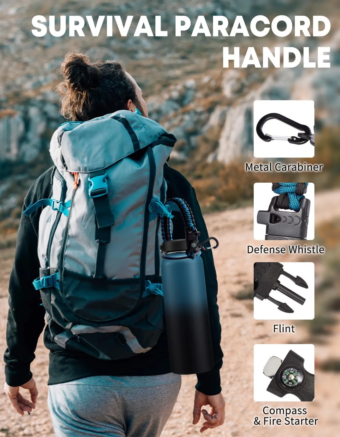 32/40/64 oz Insulated Water Bottle with Straw - Flex Cap Lids, Paracord Handle, Bottle Carrier Bag w/Strap, Vacuum Stainless Steel 40oz Water Bottles, Double Wall Flask Metal Water Flask Jug