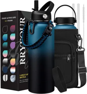 32/40/64 oz Insulated Water Bottle with Straw - Flex Cap Lids, Paracord Handle, Bottle Carrier Bag w/Strap, Vacuum Stainless Steel 40oz Water Bottles, Double Wall Flask Metal Water Flask Jug