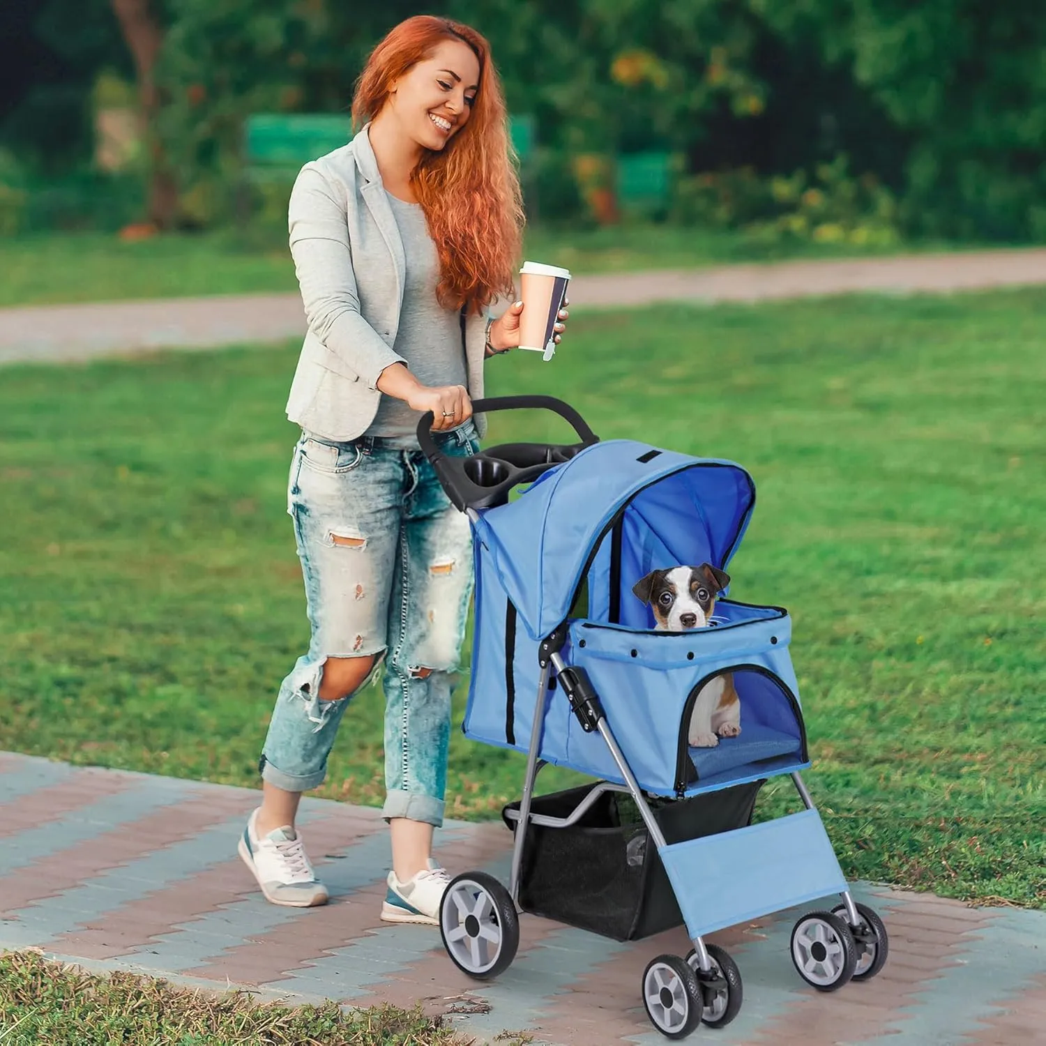 4 Wheels Dog Stroller Folding Pet Strolling Cart for Small Medium Cats Puppies Portable Jogger Travel Camping Puppy Carrier with Storage Basket Cup Holder, Blue