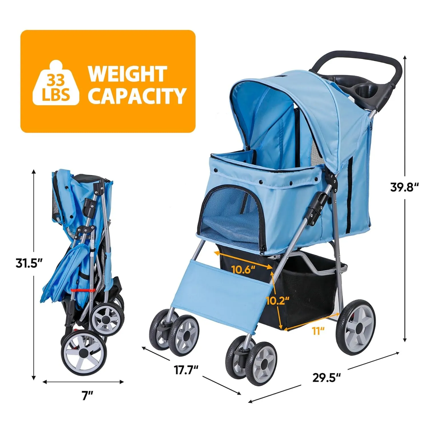 4 Wheels Dog Stroller Folding Pet Strolling Cart for Small Medium Cats Puppies Portable Jogger Travel Camping Puppy Carrier with Storage Basket Cup Holder, Blue