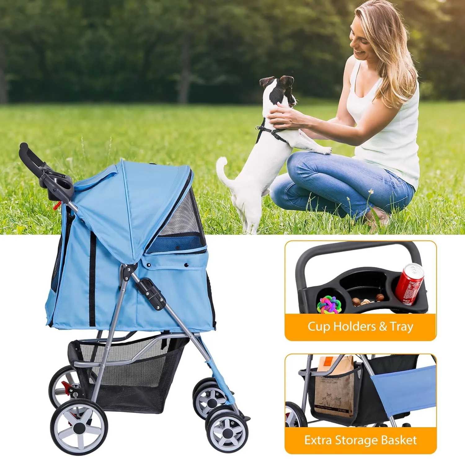 4 Wheels Dog Stroller Folding Pet Strolling Cart for Small Medium Cats Puppies Portable Jogger Travel Camping Puppy Carrier with Storage Basket Cup Holder, Blue
