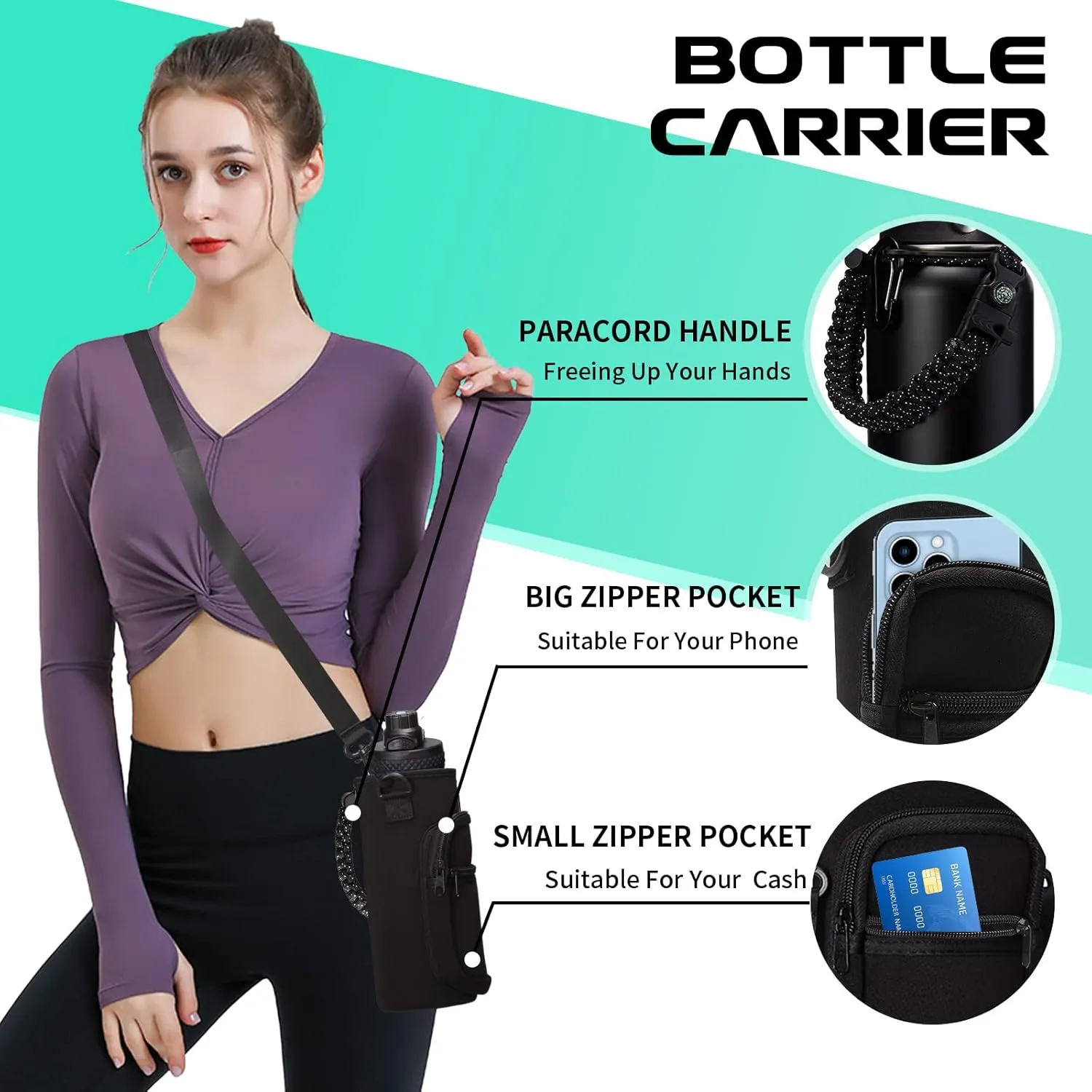 40OZ Insulated Water Bottle with Auto Spout Lids, Straw Lids, Paracord Handle for Sport, Protective Cup Mat, BPA-Free Reusable Insulated Water Bottle - Black Water Jug with Straw
