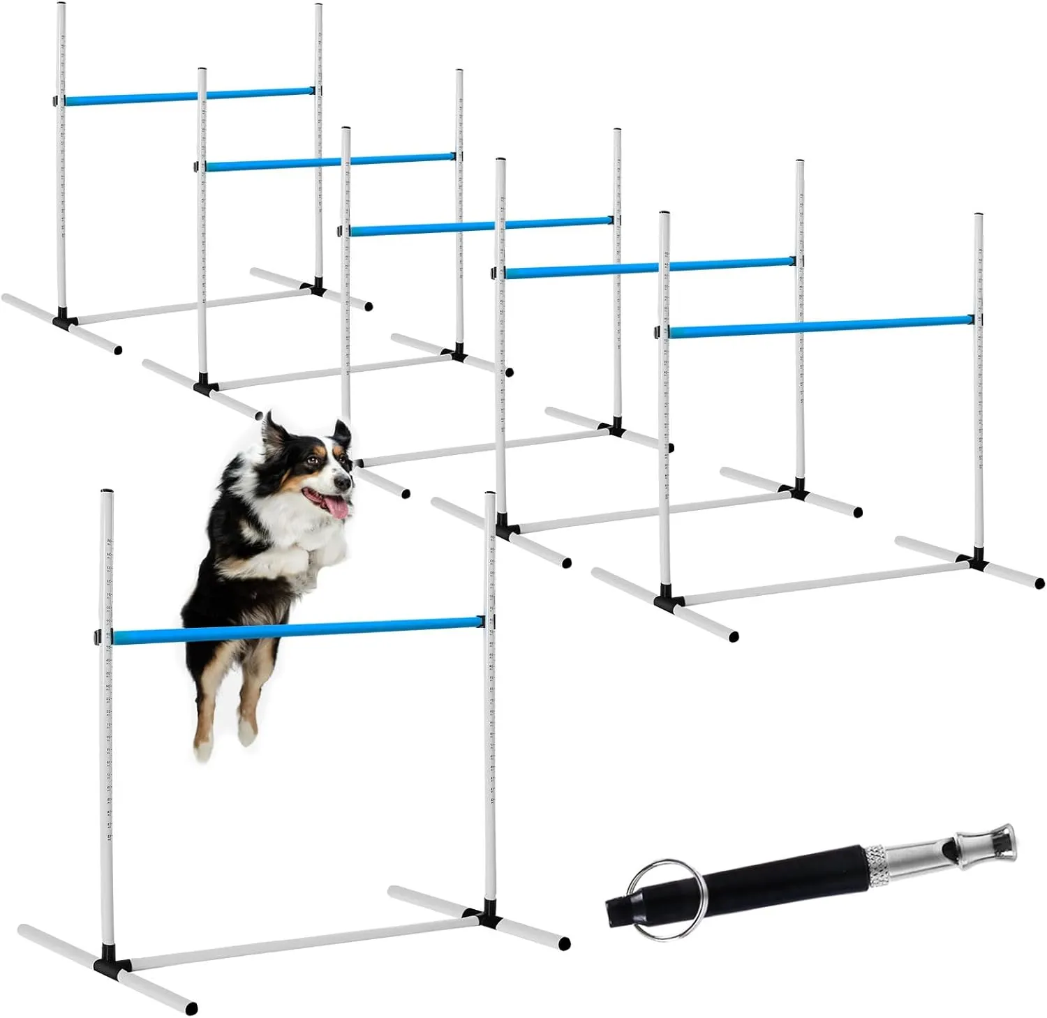 6 Pcs Dog Agility Training Equipments Hobby Horse Jumps Adjustable Jumps Hurdles Pet Jump Bars with Bag and Whistle for Indoor Outdoor Dog Pet Agility Course Game(Blue and White)