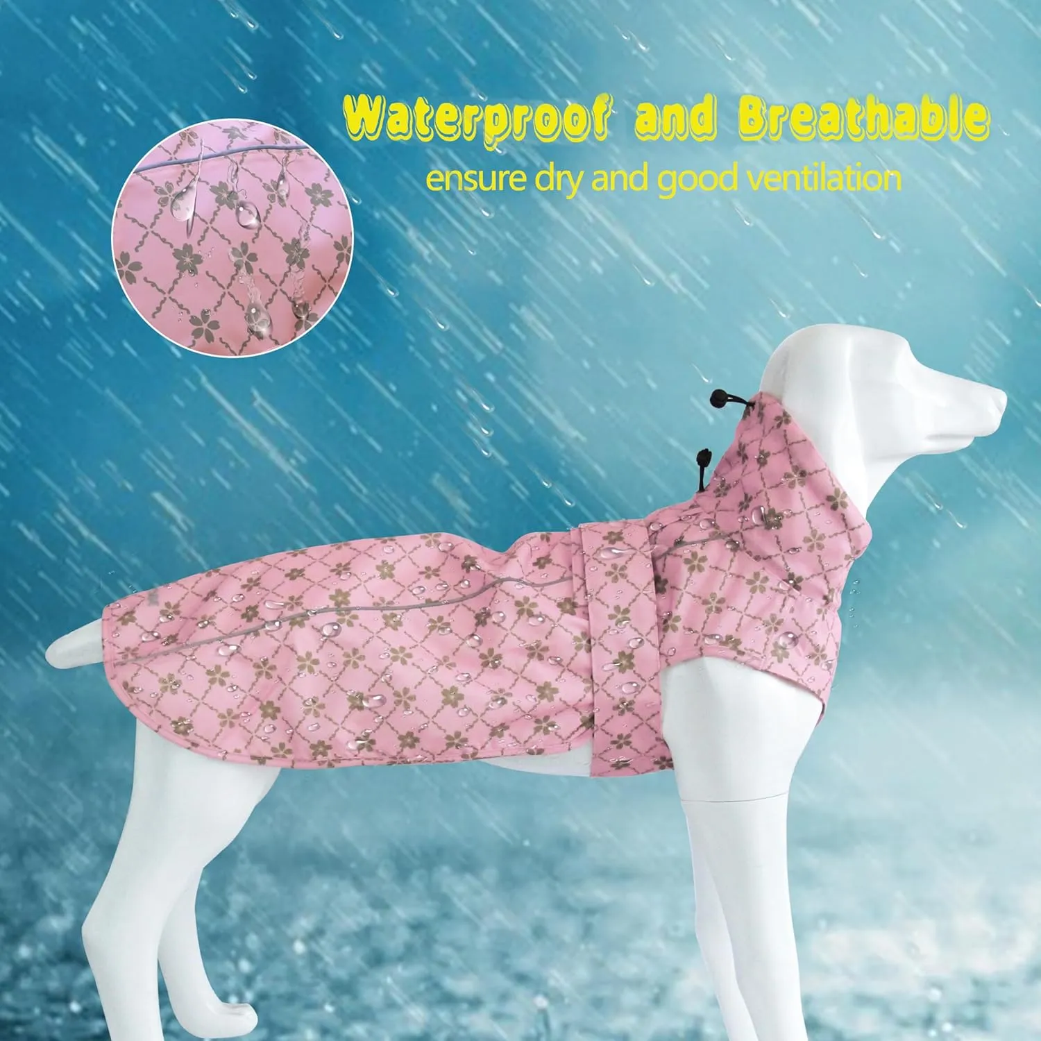 Adjustable Waterproof Dog Raincoat for Dogs,Lightweight Pet Rain Jacket Puppy Clothes with Reflective Strip for Small Medium Large Dogs(Large,Gold Cheery Blossoms Pink)
