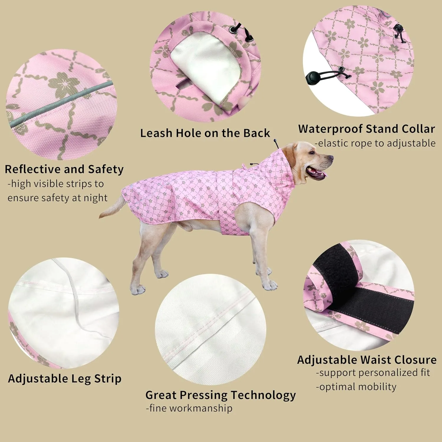 Adjustable Waterproof Dog Raincoat for Dogs,Lightweight Pet Rain Jacket Puppy Clothes with Reflective Strip for Small Medium Large Dogs(Large,Gold Cheery Blossoms Pink)