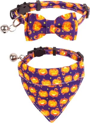 ADOGGYGO Halloween Cat Collar Breakaway with Removable Bowtie Bandana - 2 Pack Halloween Cat Bandana Collar Pumpkin Cat Kitten Collars Cat Halloween Bowtie Bandana Collar for Cat Kitten (Halloween)