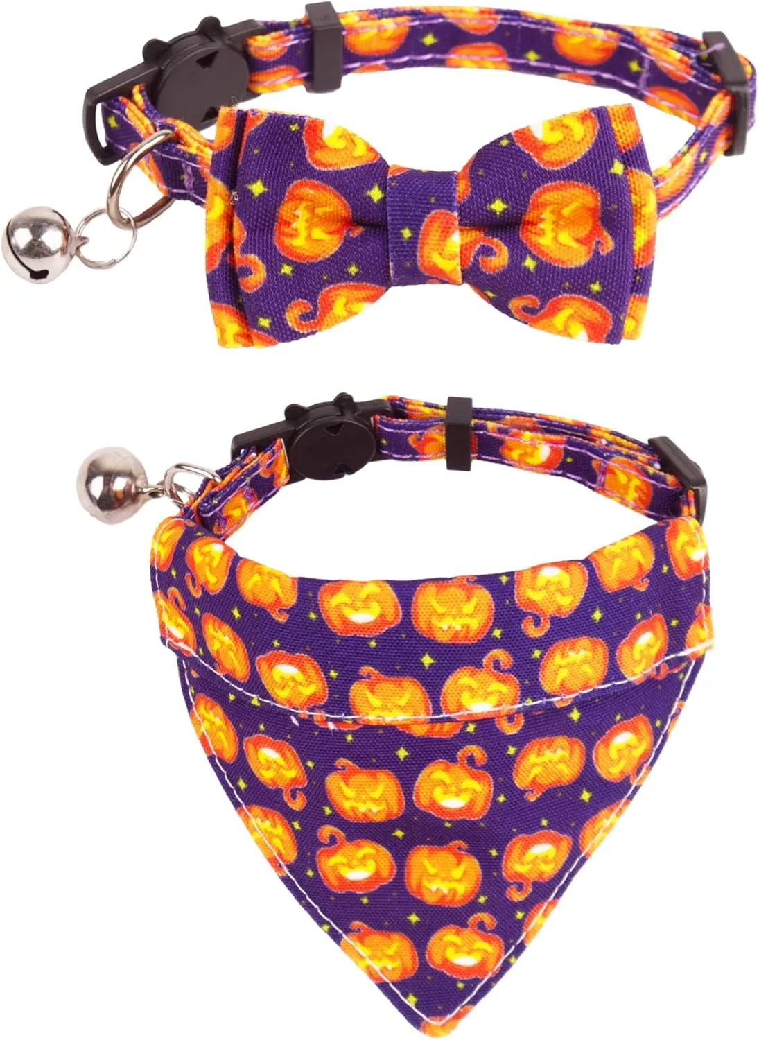 ADOGGYGO Halloween Cat Collar Breakaway with Removable Bowtie Bandana - 2 Pack Halloween Cat Bandana Collar Pumpkin Cat Kitten Collars Cat Halloween Bowtie Bandana Collar for Cat Kitten (Halloween)
