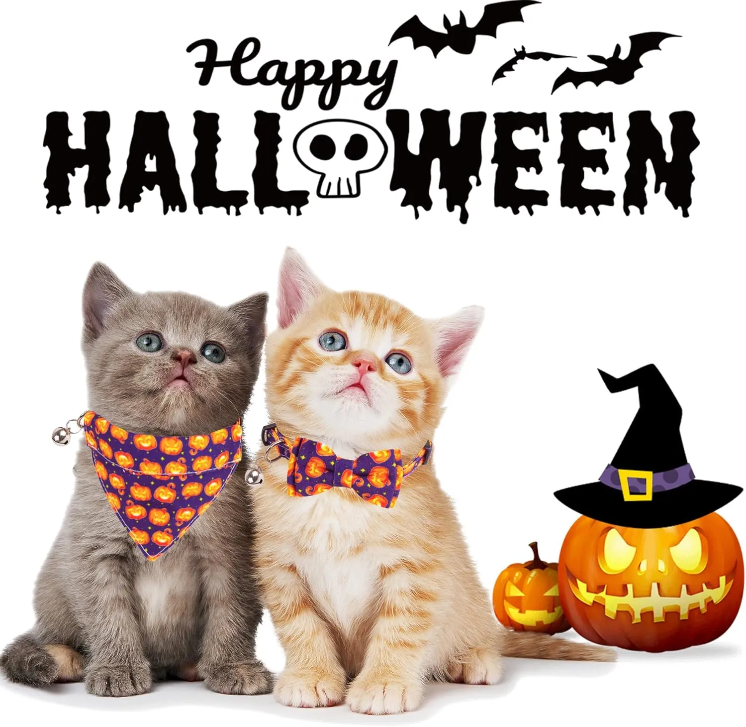 ADOGGYGO Halloween Cat Collar Breakaway with Removable Bowtie Bandana - 2 Pack Halloween Cat Bandana Collar Pumpkin Cat Kitten Collars Cat Halloween Bowtie Bandana Collar for Cat Kitten (Halloween)
