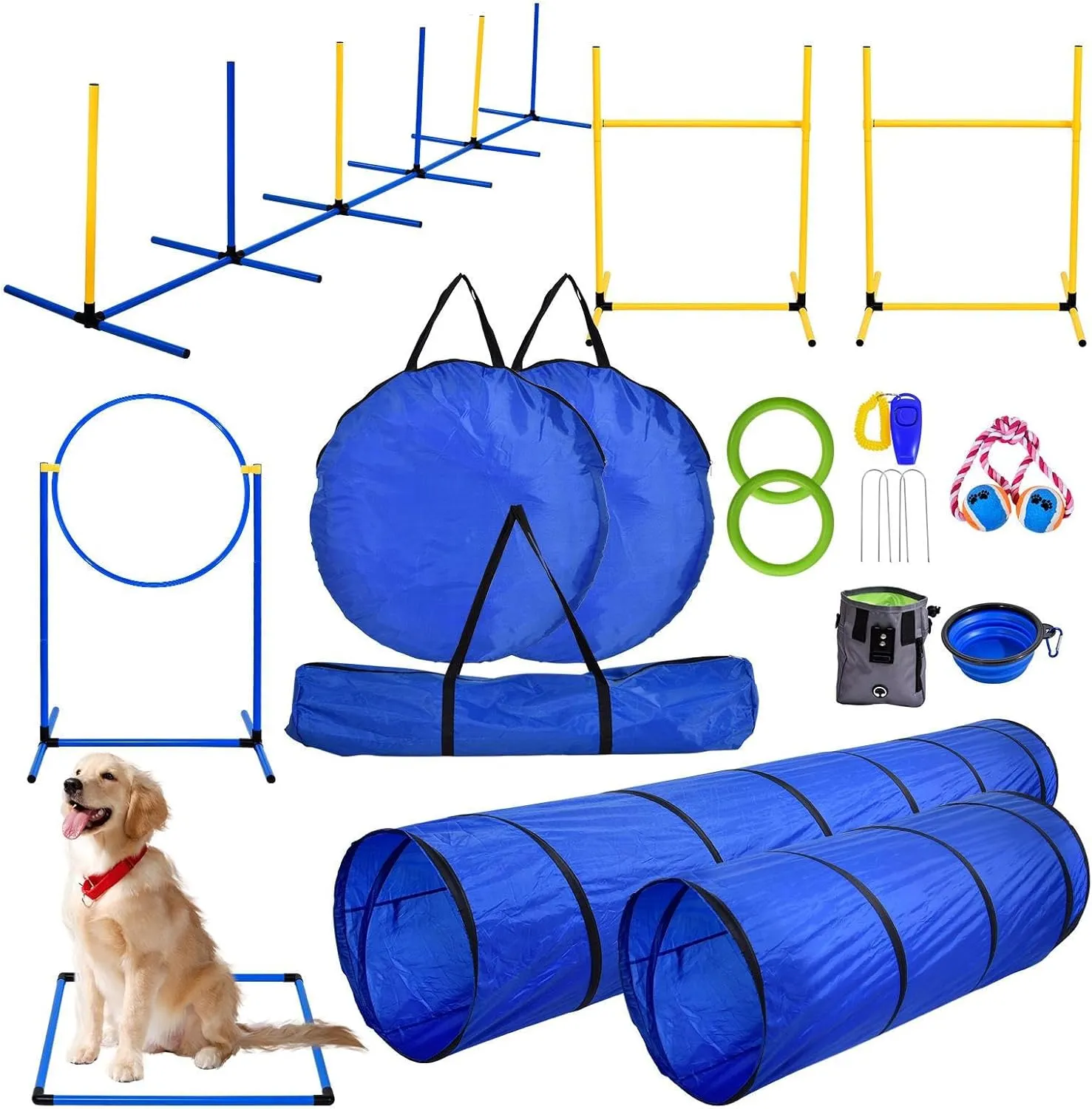 Agility Training Equipment for Dogs, Agility Course Backyard Set Dog Includes 2 Adjustable High Hurdle, 6 Weave Poles, 2 Tunnels, Jump Ring, Pause Box, Folding Bowl, Snack Bag, Balls, Whistle, Bag