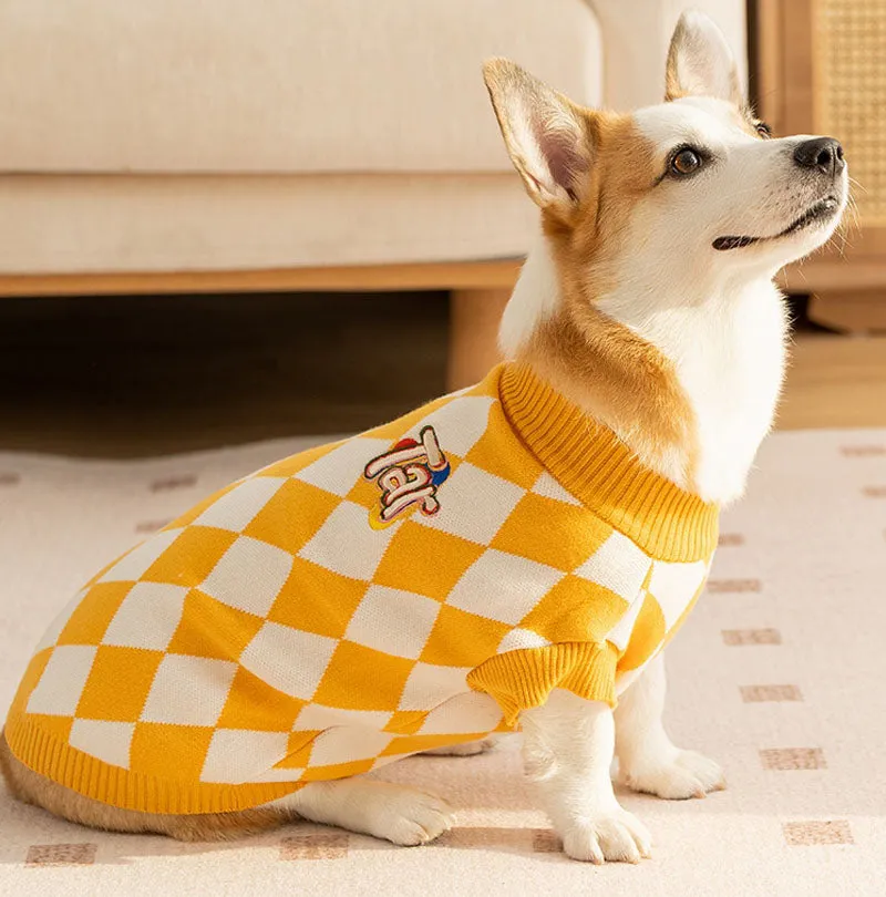 Autumn and Winter Dog Checkerboard Patch Corgi Sweater Small and Medium Dog Warm Knitted Sweater Dachshund Pet Clothes