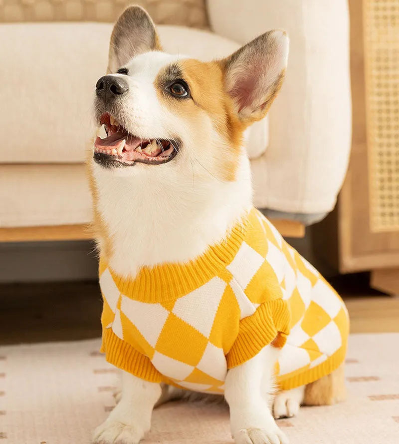 Autumn and Winter Dog Checkerboard Patch Corgi Sweater Small and Medium Dog Warm Knitted Sweater Dachshund Pet Clothes