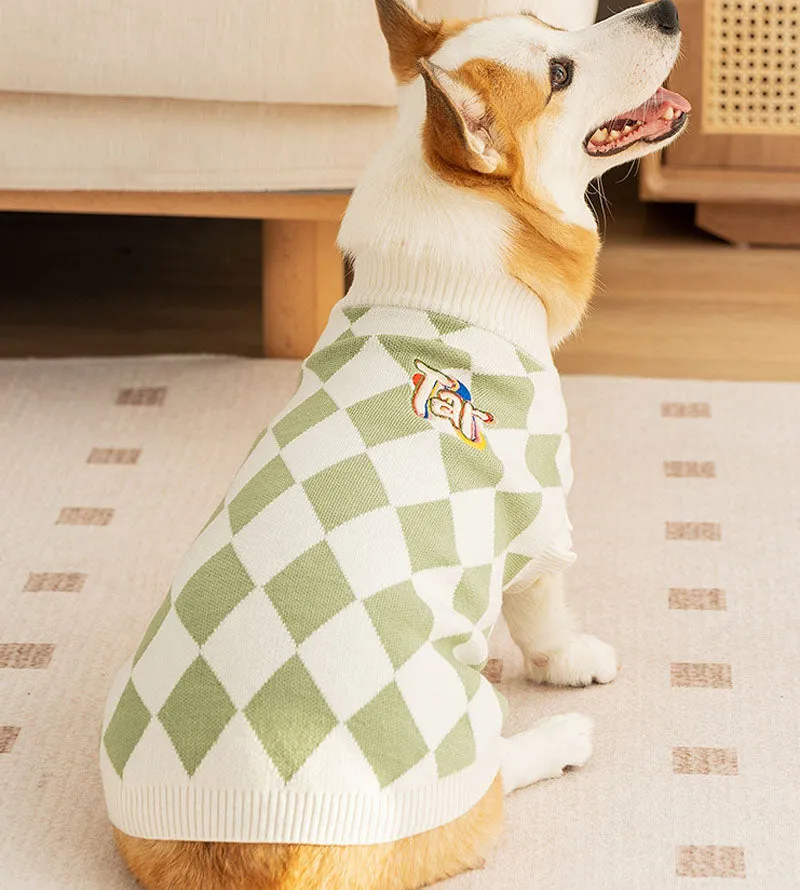 Autumn and Winter Dog Checkerboard Patch Corgi Sweater Small and Medium Dog Warm Knitted Sweater Dachshund Pet Clothes
