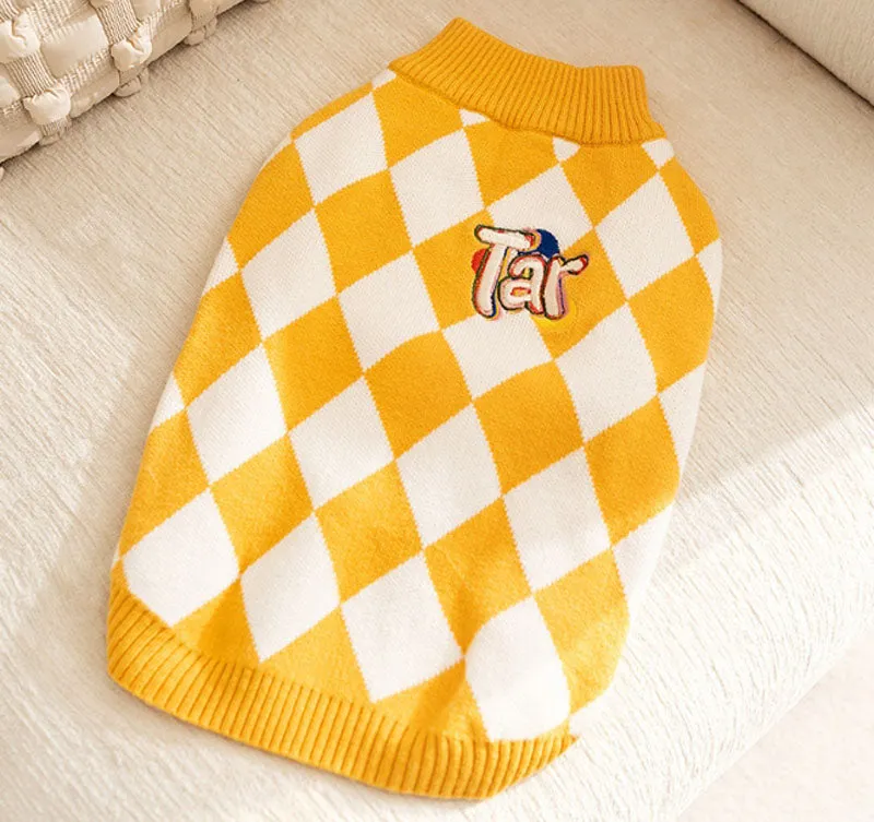 Autumn and Winter Dog Checkerboard Patch Corgi Sweater Small and Medium Dog Warm Knitted Sweater Dachshund Pet Clothes