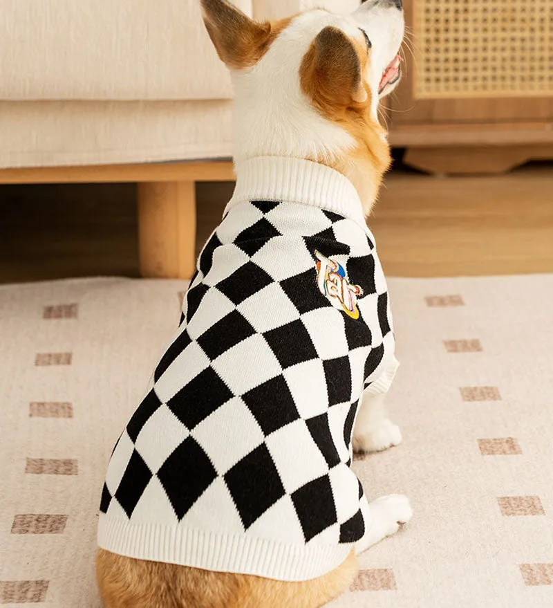 Autumn and Winter Dog Checkerboard Patch Corgi Sweater Small and Medium Dog Warm Knitted Sweater Dachshund Pet Clothes