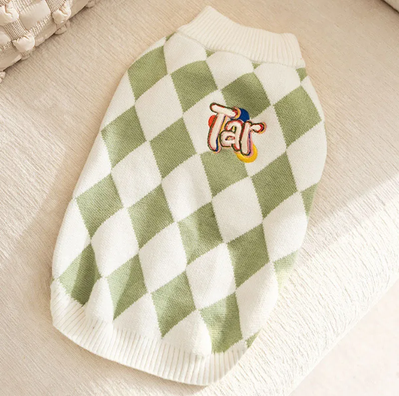 Autumn and Winter Dog Checkerboard Patch Corgi Sweater Small and Medium Dog Warm Knitted Sweater Dachshund Pet Clothes