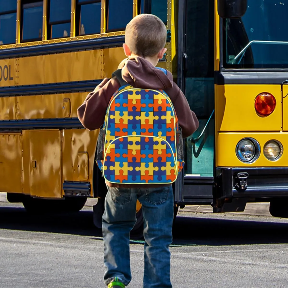 cfpolar Autism Awareness Kids Backpack for Boys Girls, Colorful Jigsaws Pattern Toddler Backpack 14.2 In, Waterproof Casual Daypack Preschool Kindergarten School Bookbag