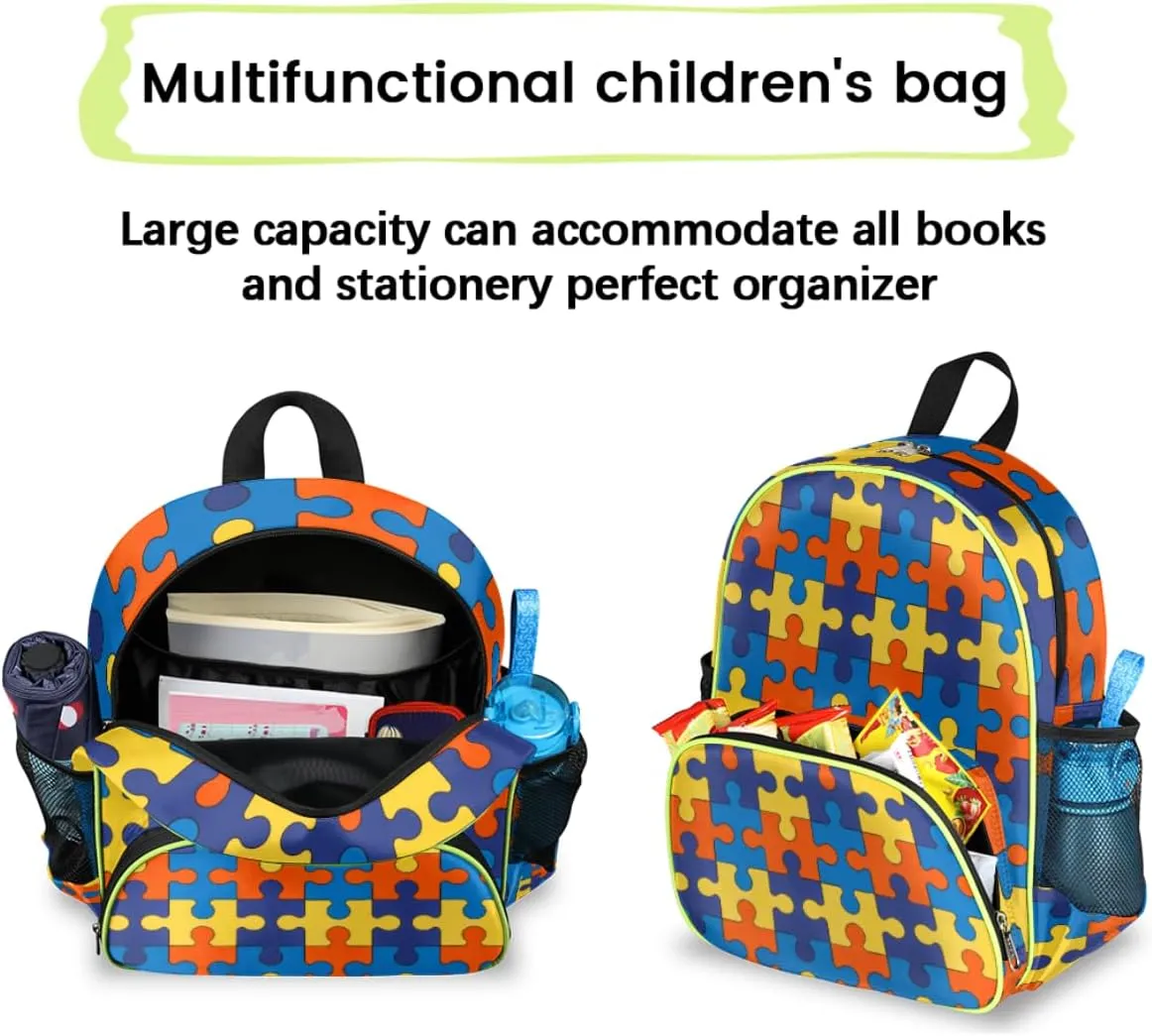 cfpolar Autism Awareness Kids Backpack for Boys Girls, Colorful Jigsaws Pattern Toddler Backpack 14.2 In, Waterproof Casual Daypack Preschool Kindergarten School Bookbag
