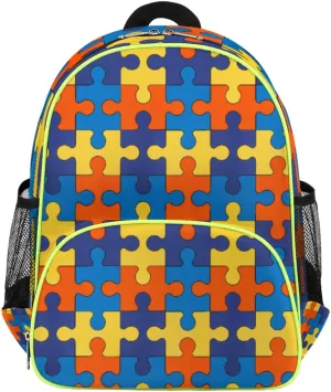 cfpolar Autism Awareness Kids Backpack for Boys Girls, Colorful Jigsaws Pattern Toddler Backpack 14.2 In, Waterproof Casual Daypack Preschool Kindergarten School Bookbag