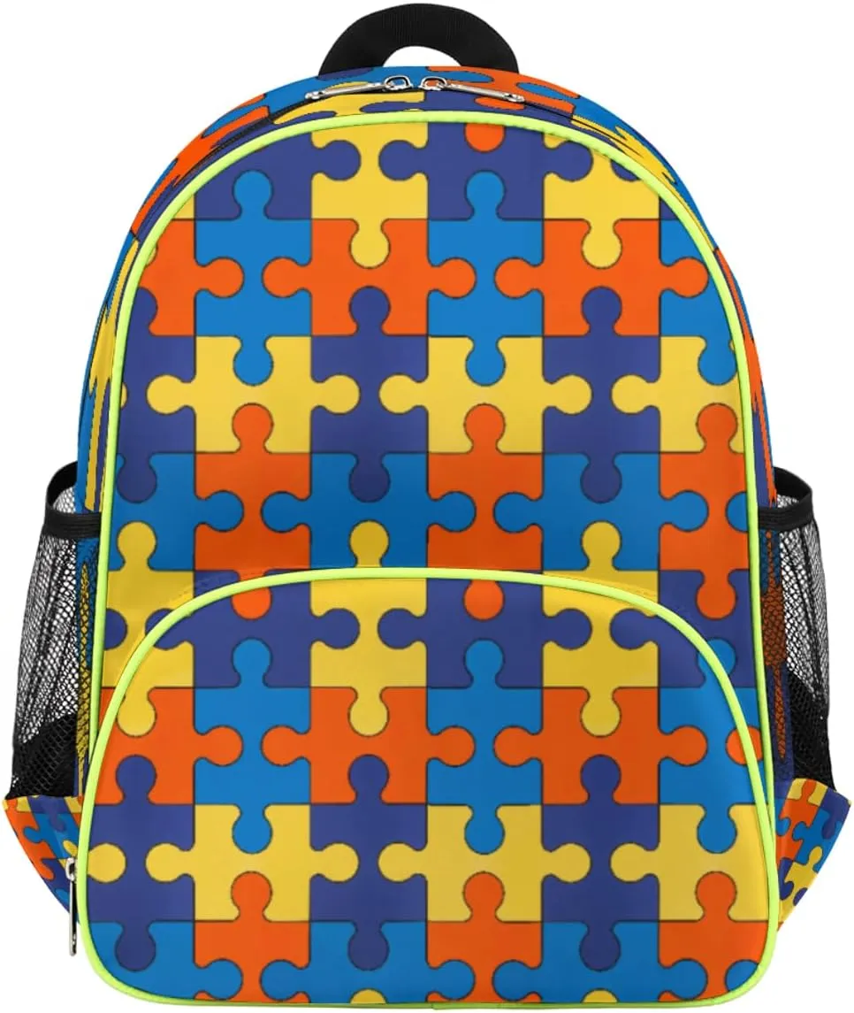 cfpolar Autism Awareness Kids Backpack for Boys Girls, Colorful Jigsaws Pattern Toddler Backpack 14.2 In, Waterproof Casual Daypack Preschool Kindergarten School Bookbag