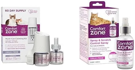 Comfort Zone Starter Bundle; Cat Calming Pheromone Diffuser Kit and Calming Travel Spray; Reduce Stress, Aggression, Fighting, Urine Marking and Scratching
