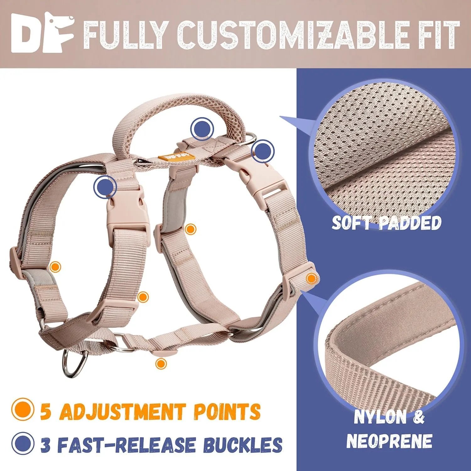 DF Freedom No Pull Martingale Dog Harness, Ease Grip Safety Control Handle, Escape-Proof 5 Point Customizable Fit Harness with Front & Back Clip, Easy Walking & Training, Tan, Chest 33"-42.5"