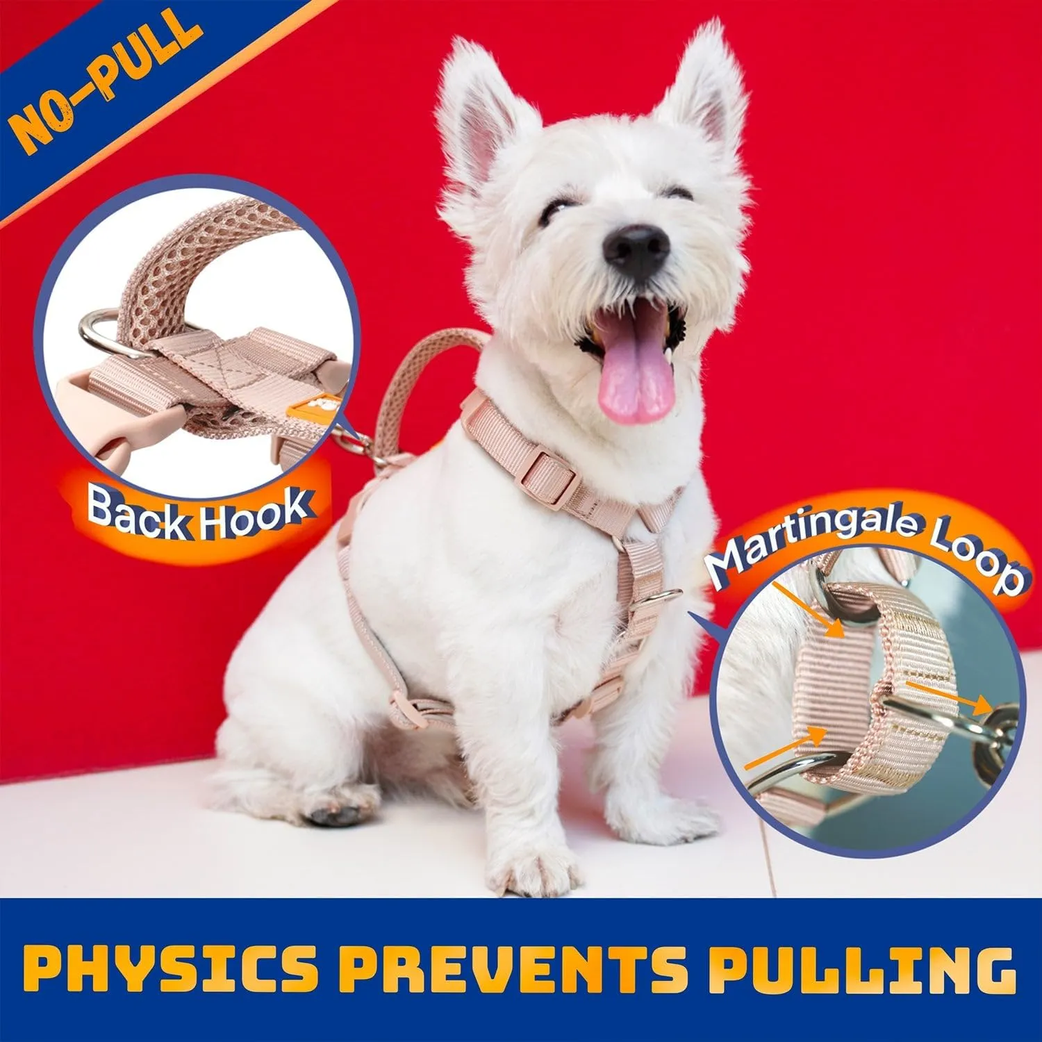 DF Freedom No Pull Martingale Dog Harness, Ease Grip Safety Control Handle, Escape-Proof 5 Point Customizable Fit Harness with Front & Back Clip, Easy Walking & Training, Tan, Chest 33"-42.5"