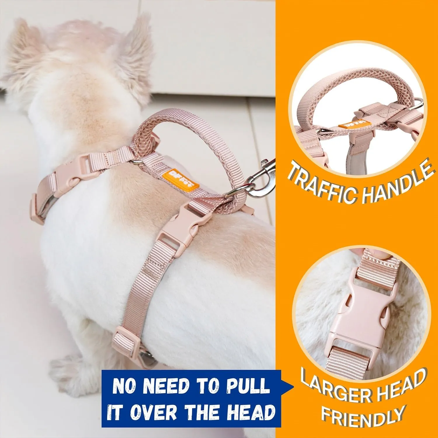 DF Freedom No Pull Martingale Dog Harness, Ease Grip Safety Control Handle, Escape-Proof 5 Point Customizable Fit Harness with Front & Back Clip, Easy Walking & Training, Tan, Chest 33"-42.5"