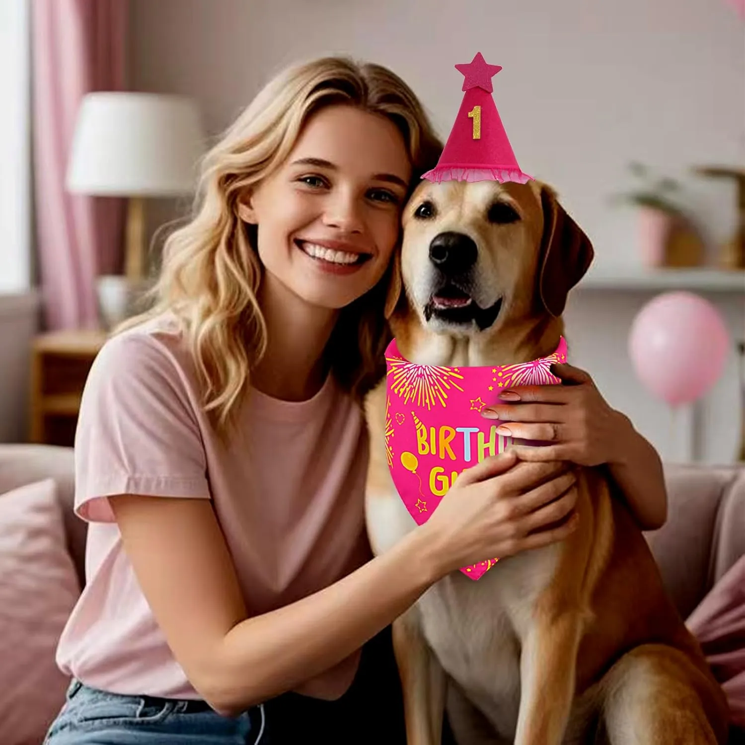Dog Birthday Bandana Set Rose Pink, Dog Birthday Party Supplies with Hat Bandana Numbers for Small Girl Pets Puppy