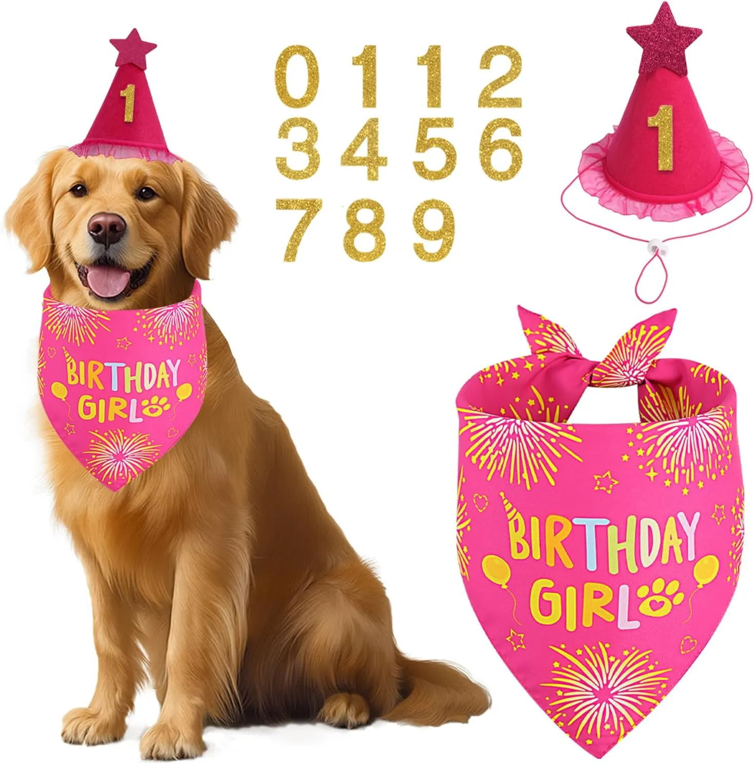 Dog Birthday Bandana Set Rose Pink, Dog Birthday Party Supplies with Hat Bandana Numbers for Small Girl Pets Puppy