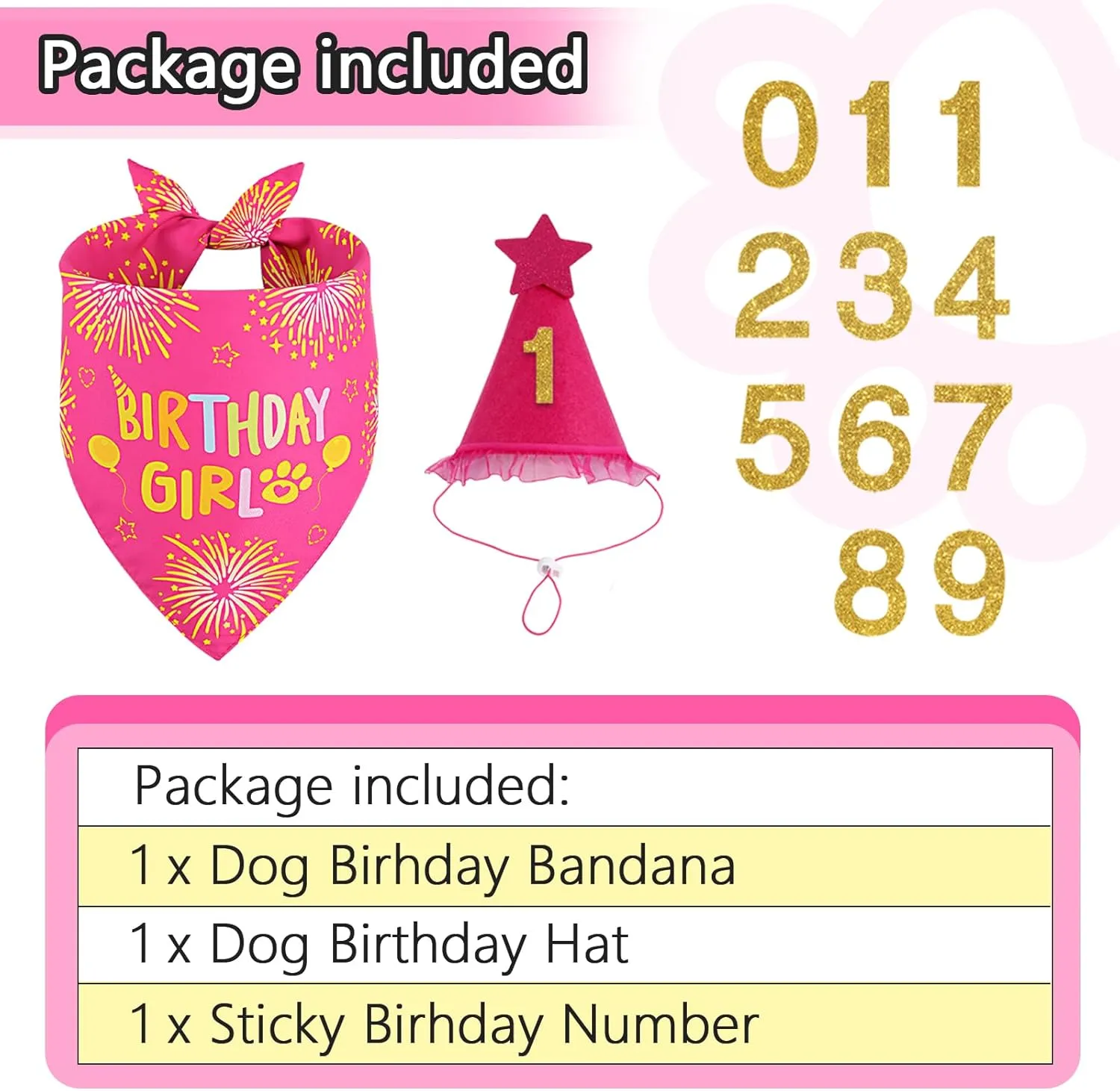 Dog Birthday Bandana Set Rose Pink, Dog Birthday Party Supplies with Hat Bandana Numbers for Small Girl Pets Puppy
