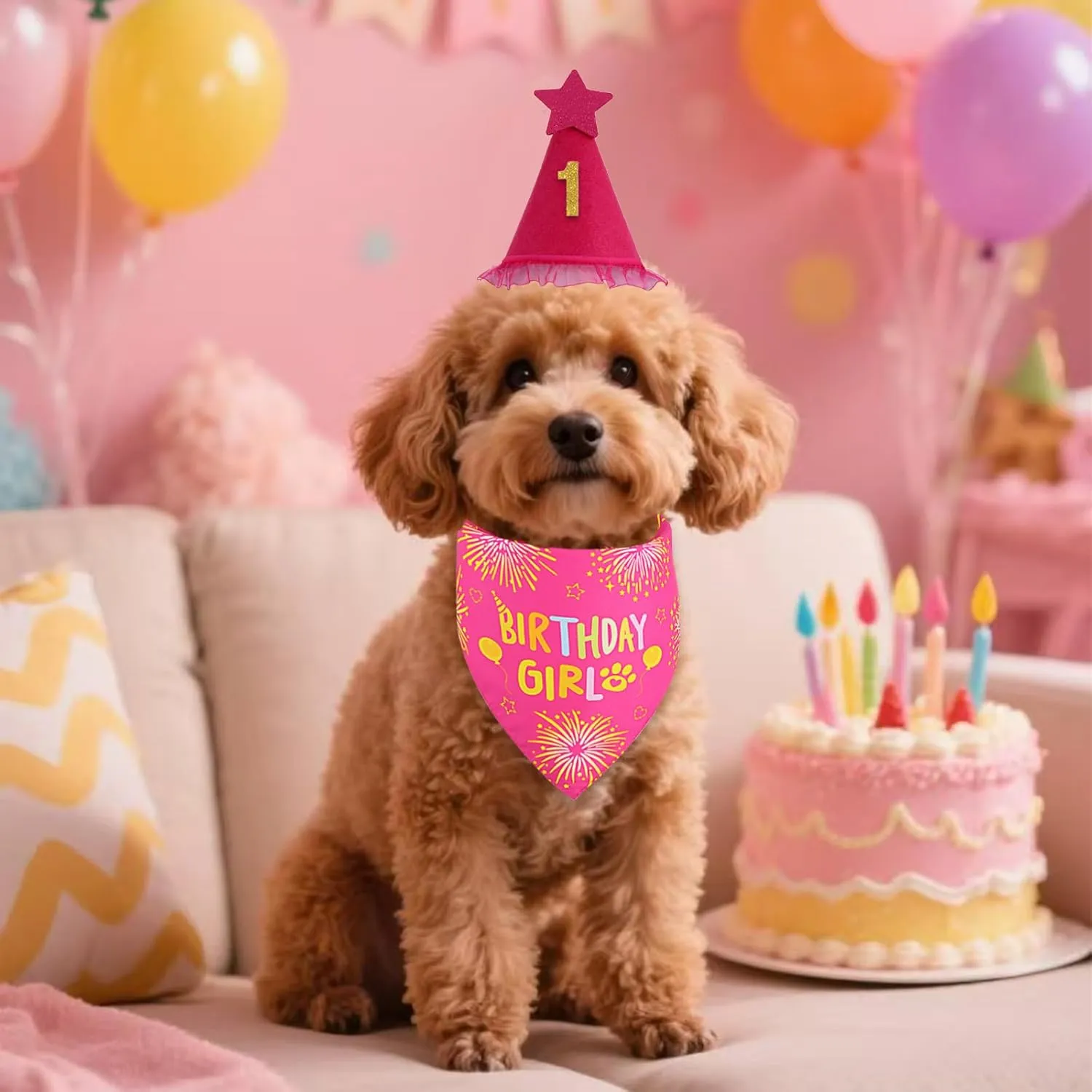Dog Birthday Bandana Set Rose Pink, Dog Birthday Party Supplies with Hat Bandana Numbers for Small Girl Pets Puppy