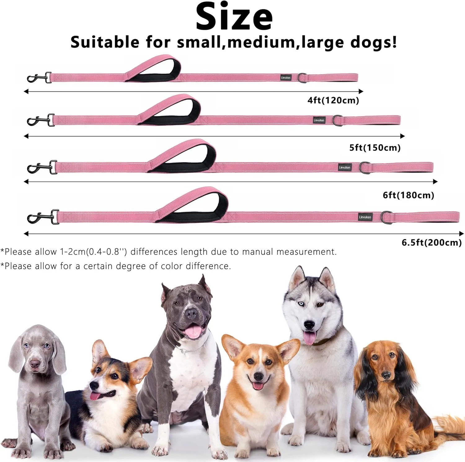 Dog Leash 4ft Long, Double Handle Dog Leash for Safety Control Training, Heavy Duty Dog Leads with Traffic Padded Handles, Reflective Leashes for Small Medium Large Dogs(4ft, Pink)