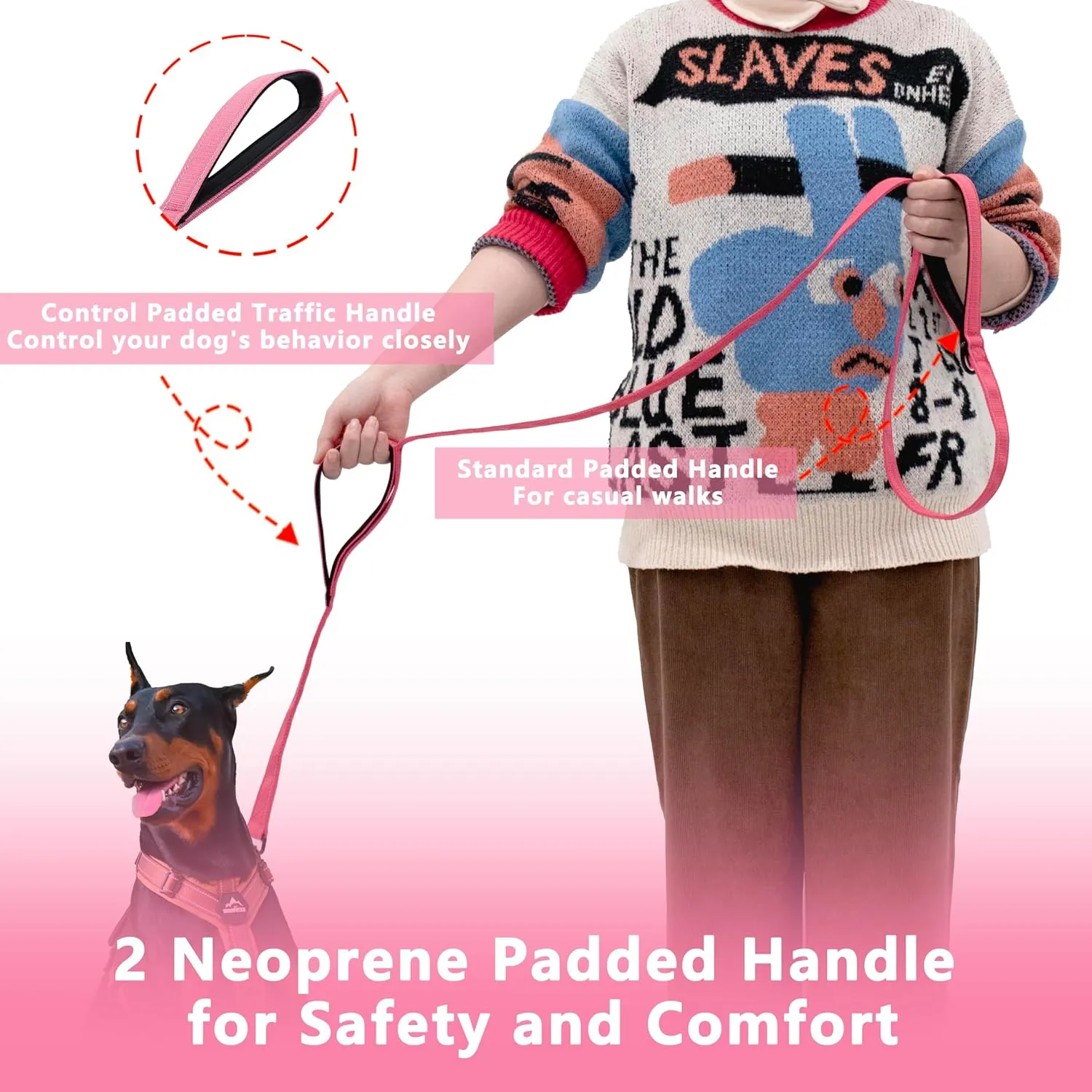 Dog Leash 4ft Long, Double Handle Dog Leash for Safety Control Training, Heavy Duty Dog Leads with Traffic Padded Handles, Reflective Leashes for Small Medium Large Dogs(4ft, Pink)