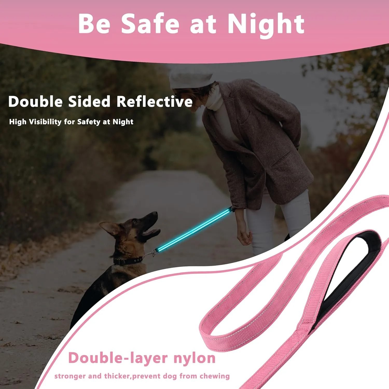 Dog Leash 4ft Long, Double Handle Dog Leash for Safety Control Training, Heavy Duty Dog Leads with Traffic Padded Handles, Reflective Leashes for Small Medium Large Dogs(4ft, Pink)