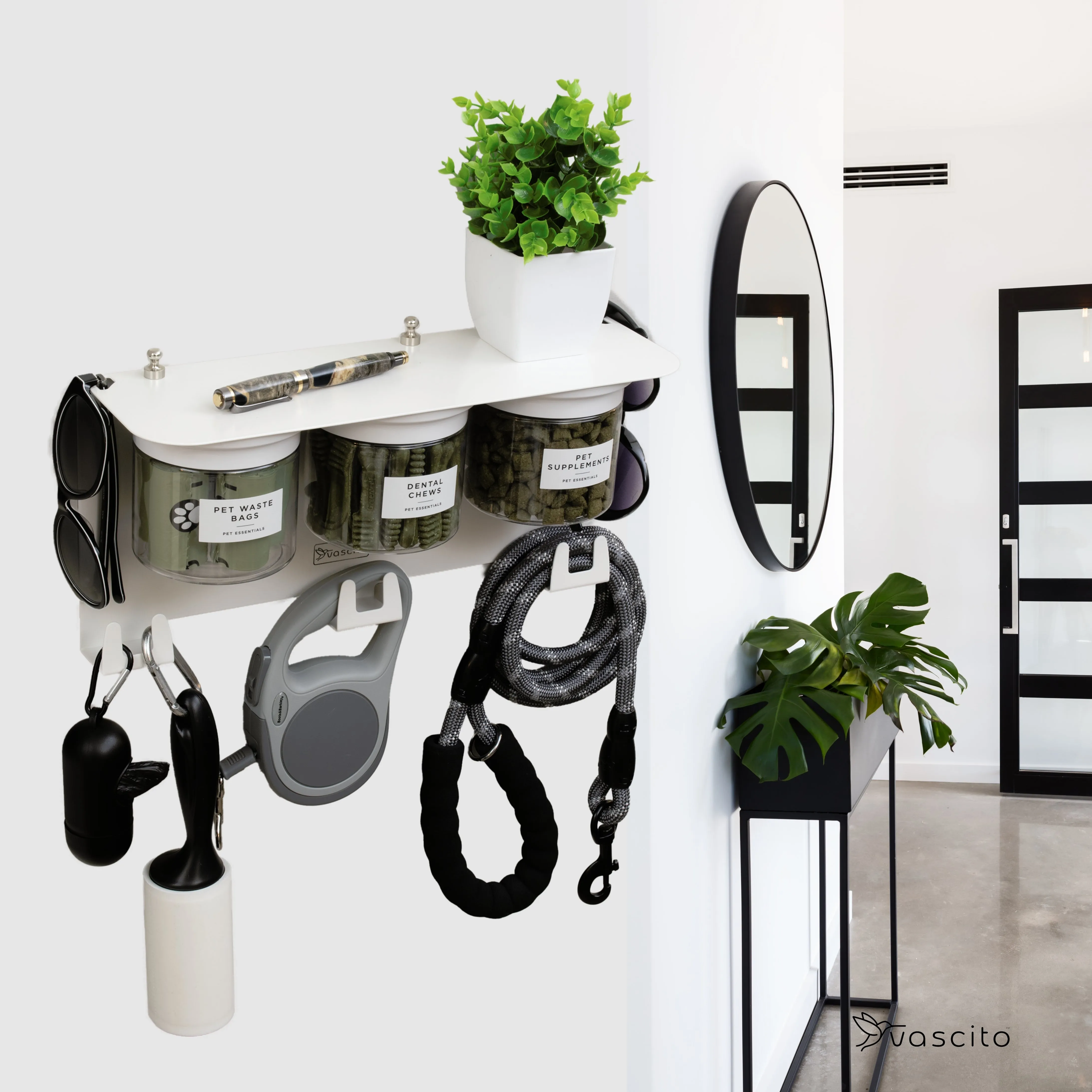 Dog Leash Holder for Wall with Dog Storage Organizer, 13.5" Wide Shelf and 3 Dog Treat Jars