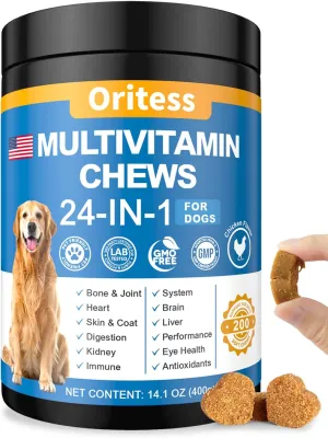 Dog Vitamins and Supplements 200 Chews, 24-in-1 Multivitamin Chewable for Dogs with Glucosamine Probiotics Omega-3 Dog Multivitamin Chewable for Coat, Heart, HIPS & Joints, Digestion & Immune System