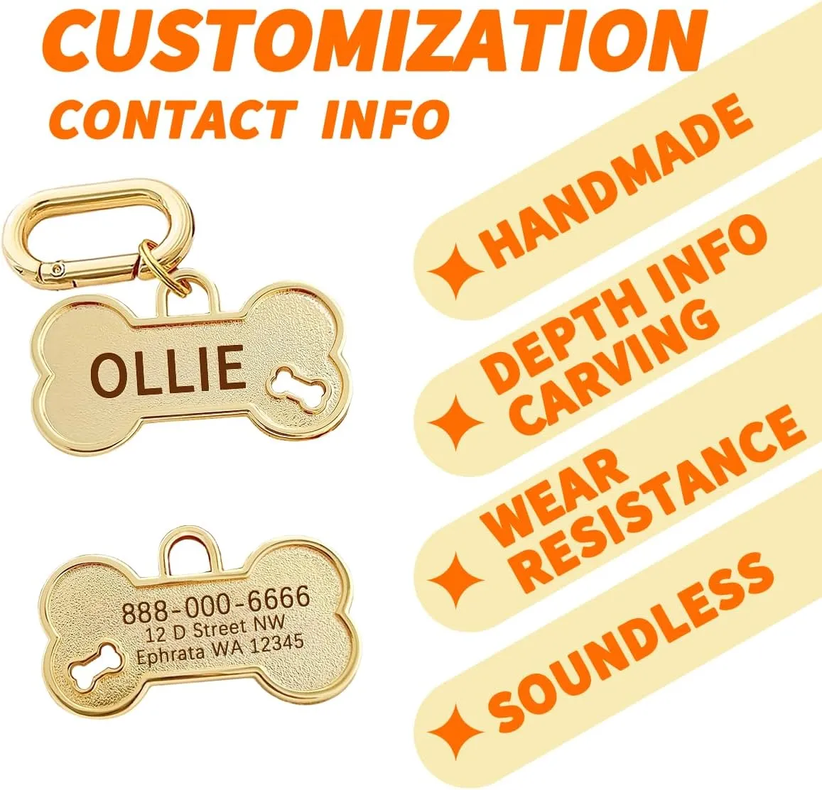 Dogs ID Tags Personalized Front and Back Engraving Brass Bone Shape Small..