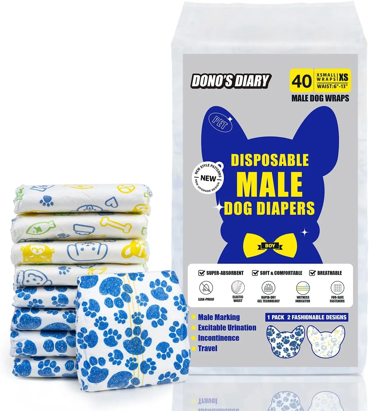 Dono Dog Diapers Male Disposable Male Dog Wraps 40ct Doggie Diapers Wetness Indicator Leak-Proof Dog Belly Wraps, Rapid-Dry Gel Technology Puppy Diapers for Excitable Urination Incontinence, XSmall
