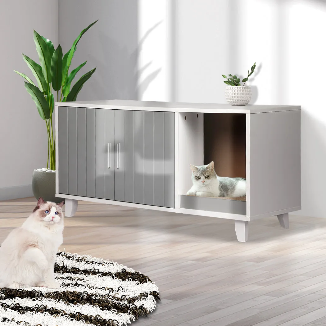 Enclosed Hooded Cat Litter Box Furniture with Scratch Board Pet House Table - Grey