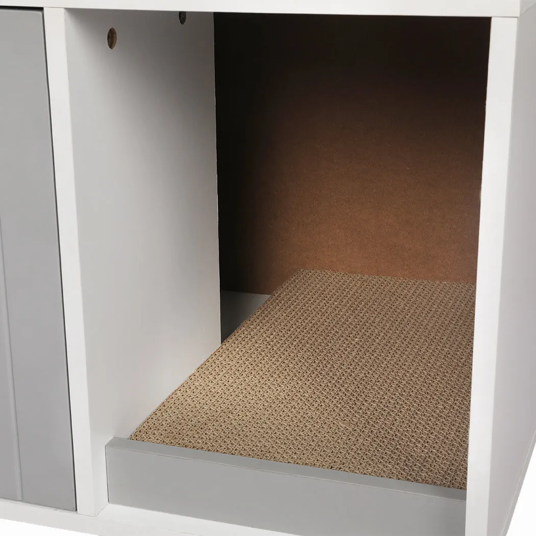 Enclosed Hooded Cat Litter Box Furniture with Scratch Board Pet House Table - Grey