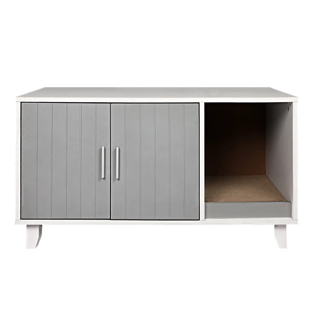 Enclosed Hooded Cat Litter Box Furniture with Scratch Board Pet House Table - Grey
