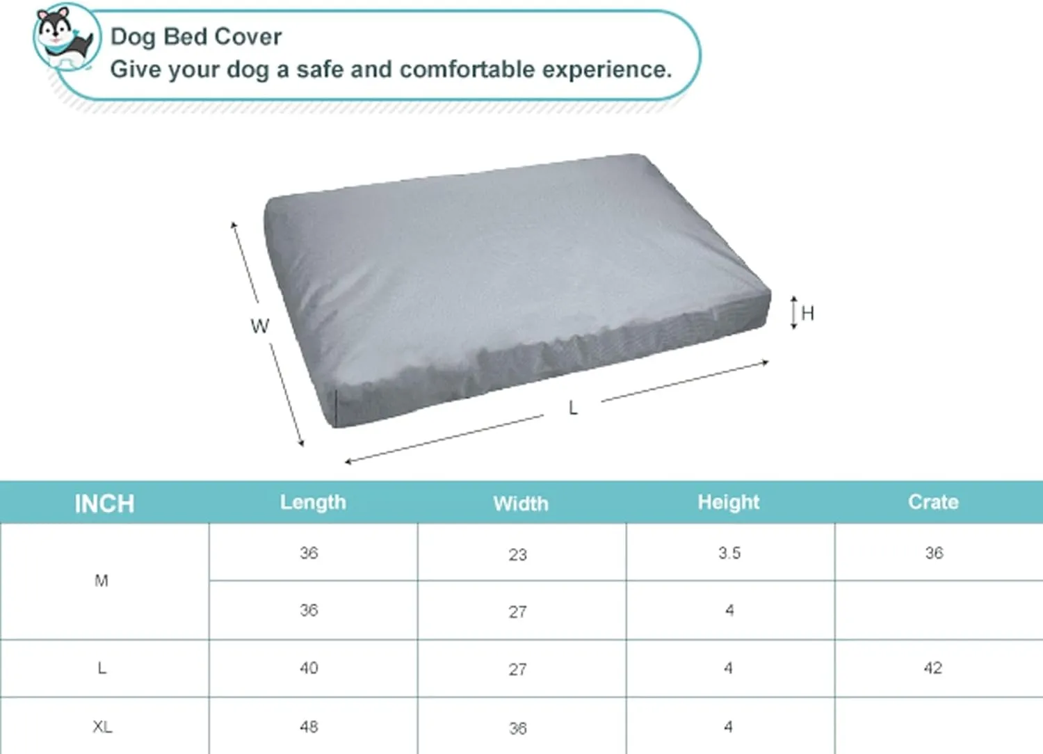 Explore Land Scratch Resistance Dog Bed Cover Canvas Washable Dog Crate Pad Replacement Cover, 36Lx23Wx3.5H inch, Charcoal