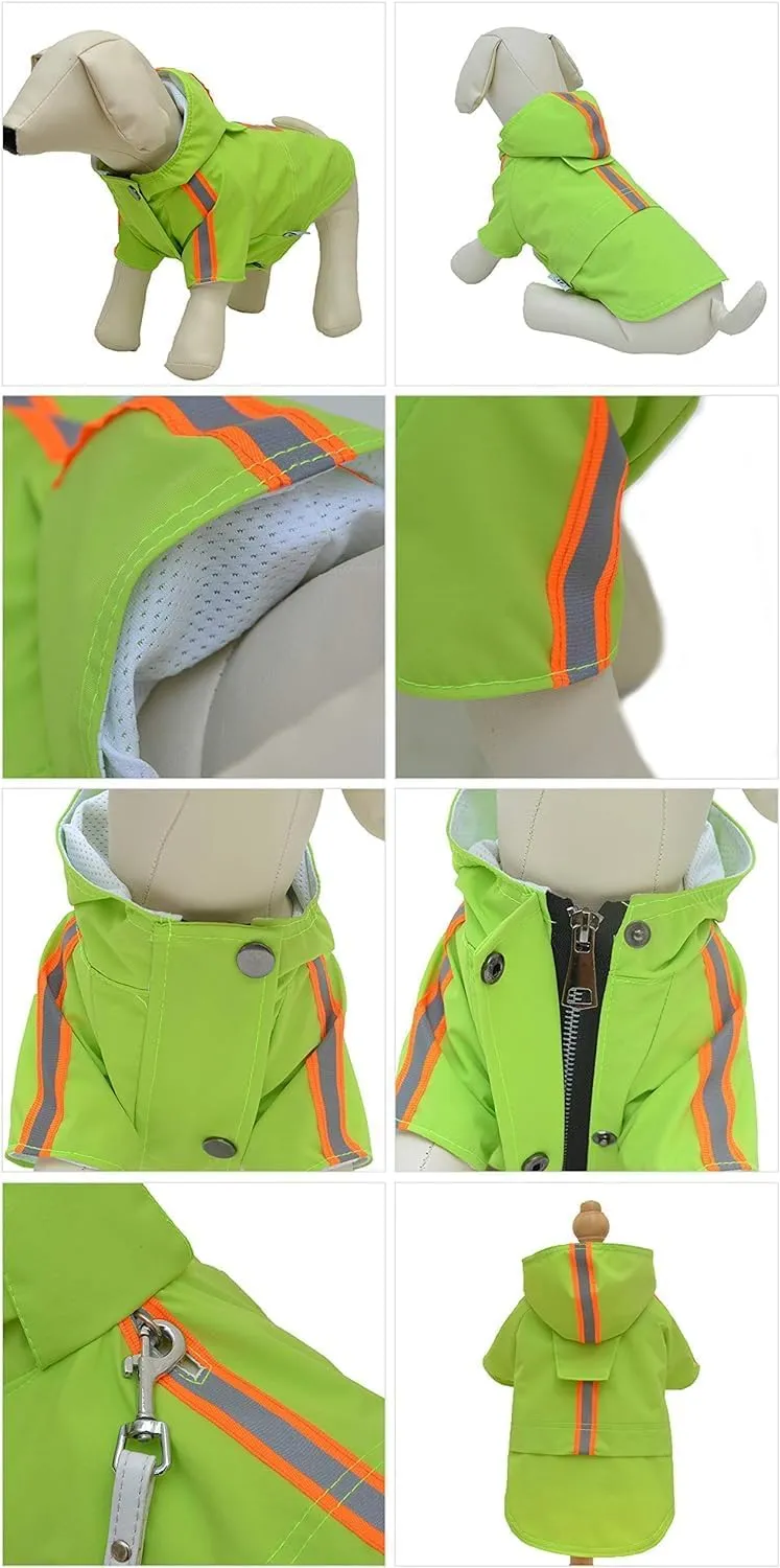 Fashion Hooded Pet Dog Raincoat, Lightweight Dog Rain Jacket Zipper Closure Rain Poncho with Reflective Strip for Small Medium Large Dogs Green XS