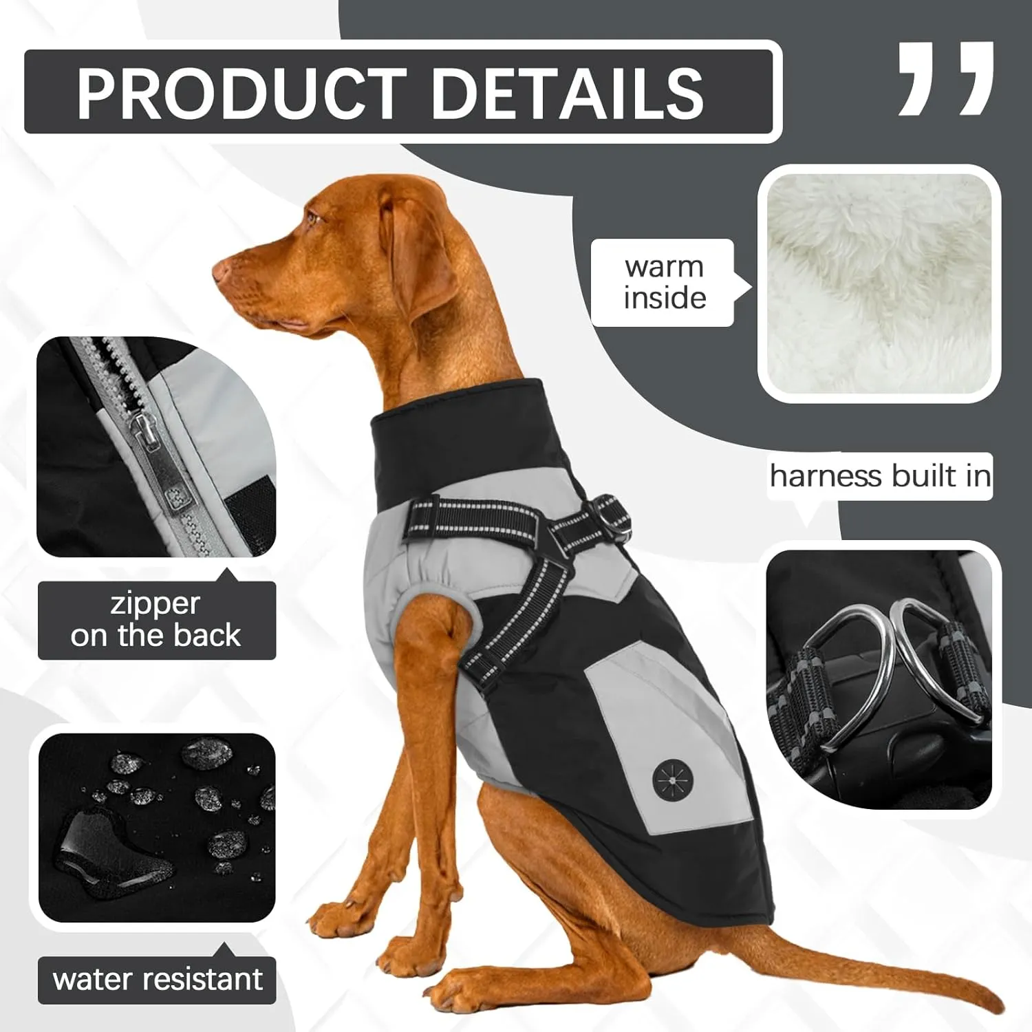 FUAMEY Dog Jacket - Waterproof & Reflective, Built-in Harness, Winter Coat with Zipper, Small Dog Size, Black with Poop Bag Pockets