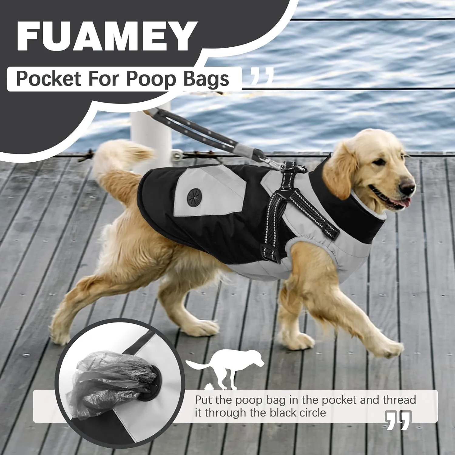 FUAMEY Dog Jacket - Waterproof & Reflective, Built-in Harness, Winter Coat with Zipper, Small Dog Size, Black with Poop Bag Pockets